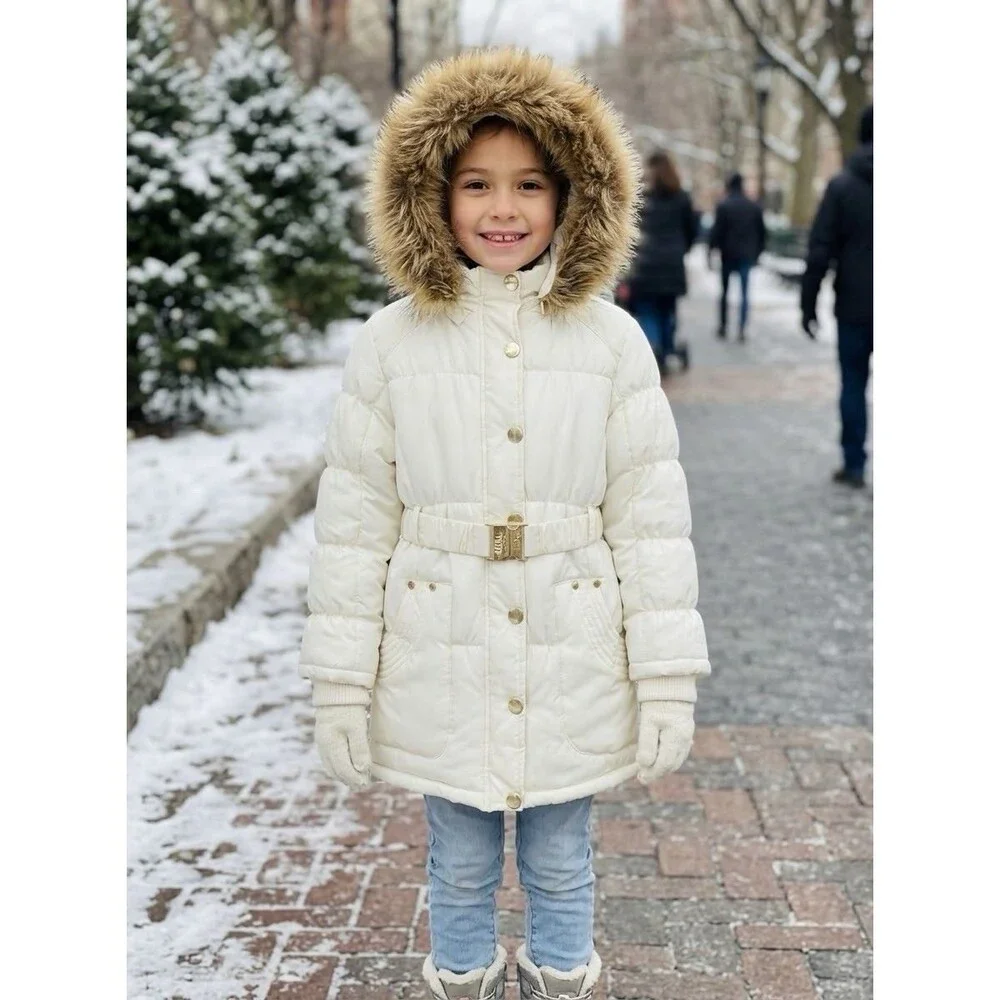 NWOT B•HIP Girls White Winter Puffer Jacket Belted Faux Fur Hood Size 8 Coat